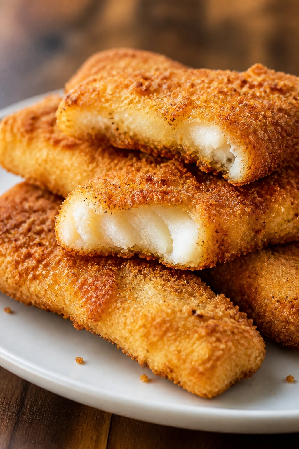 Crispy homemade fish sticks on a white plate