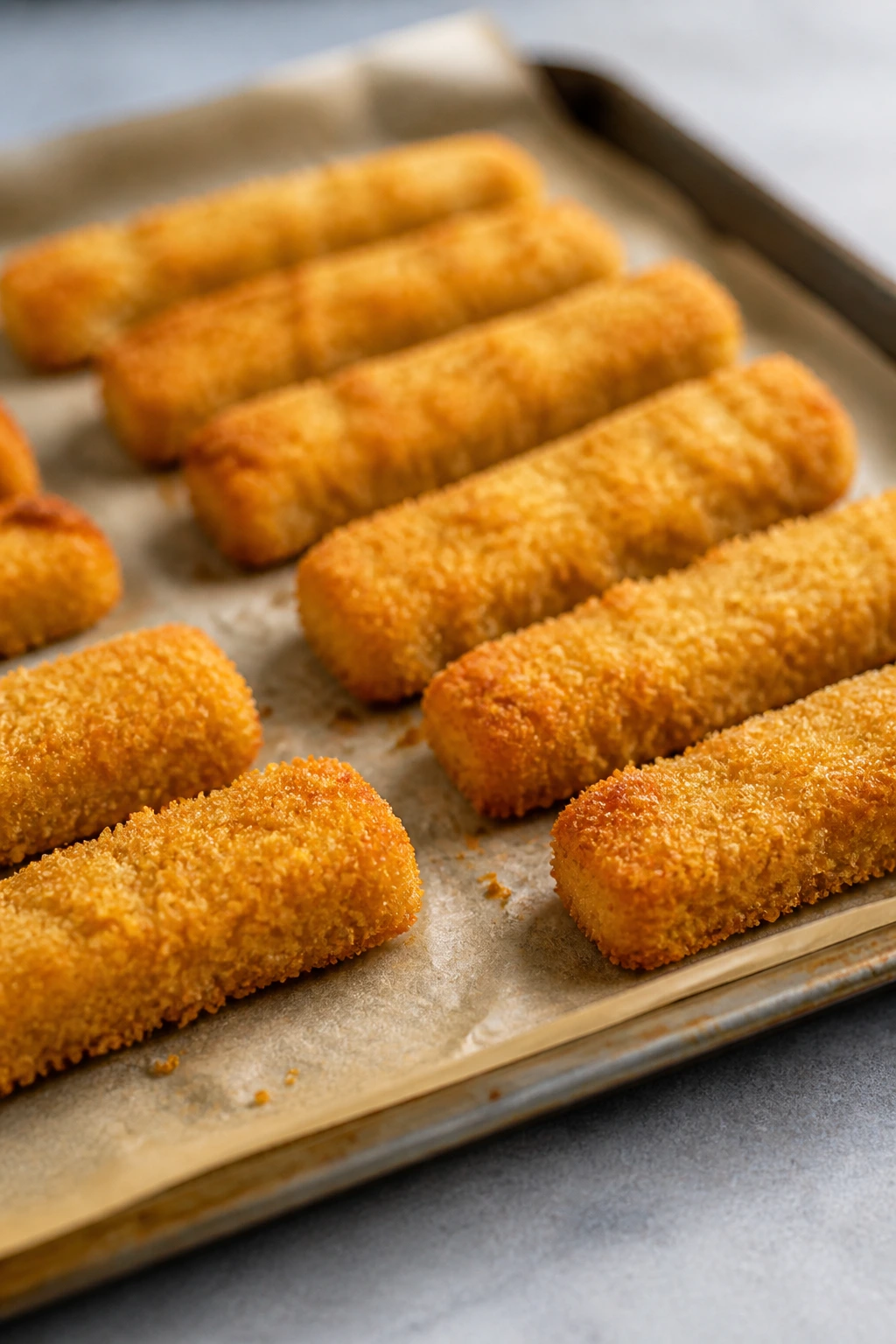 Close-up of golden oven-baked fish sticks on a parchment-lined tray