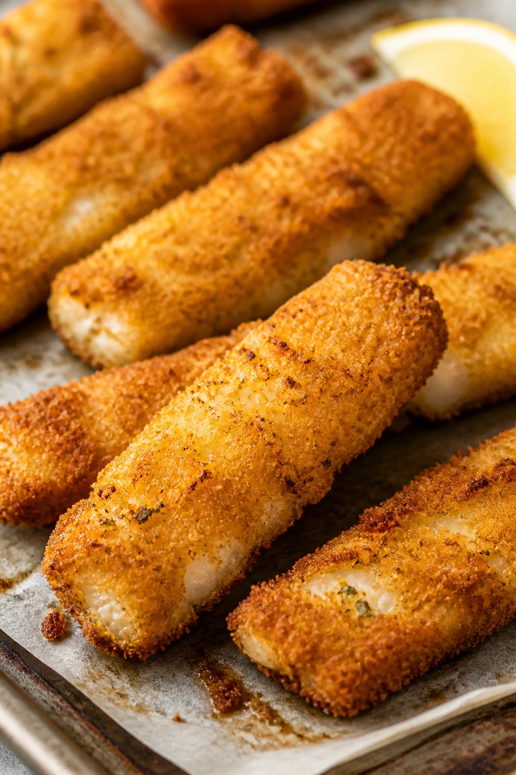 Crispy baked cod fish sticks on sheet pan