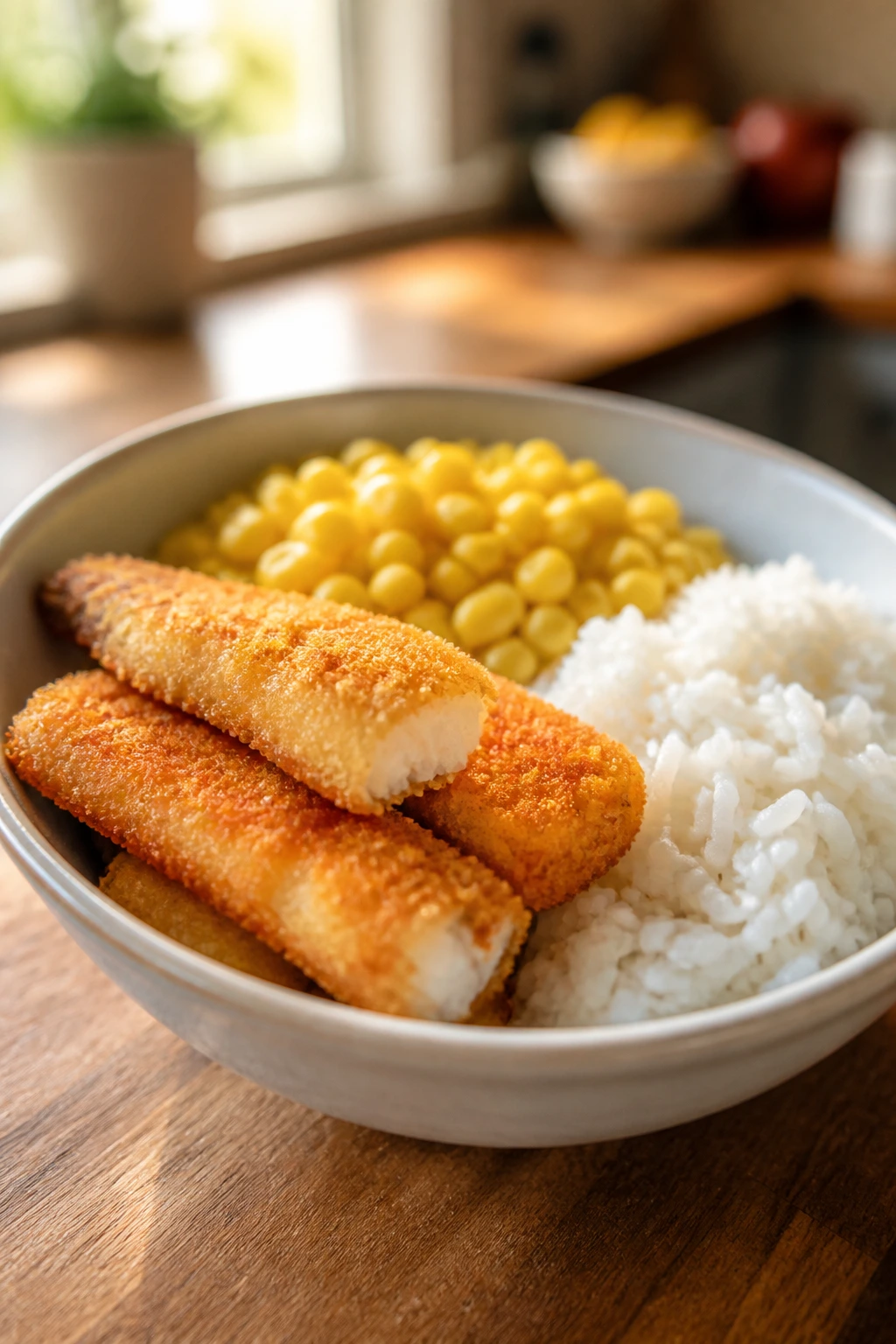 Close-up of a bowl with fish sticks, corn, and rice