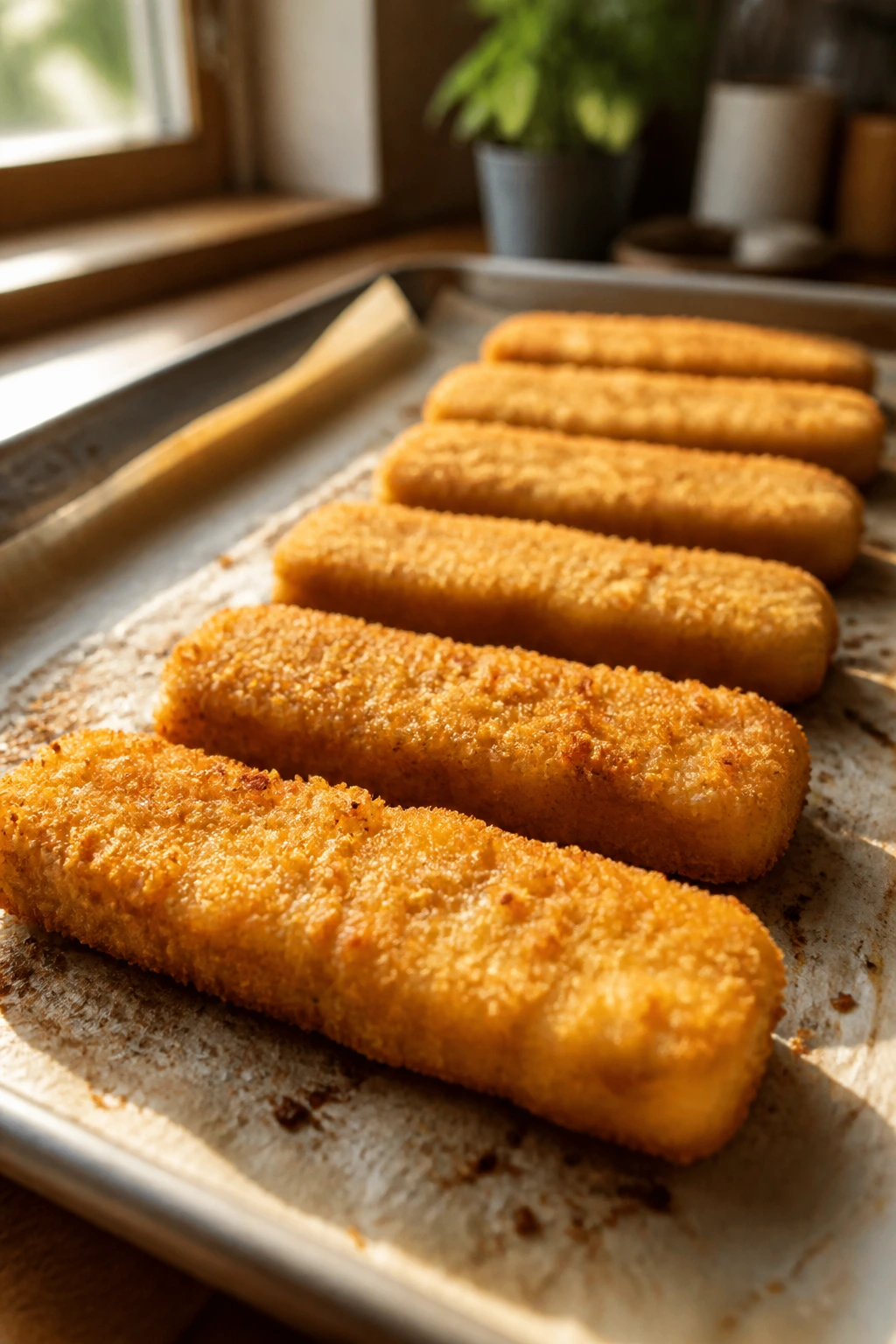 Close-up of golden baked fish sticks on parchment in a home kitchen
