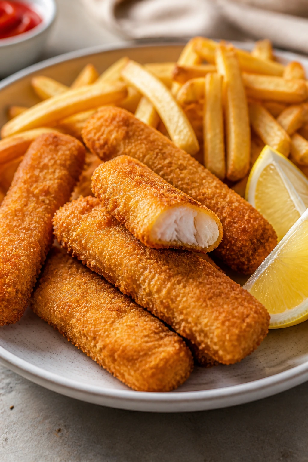 Close-up of crispy baked fish sticks and fries on a plate