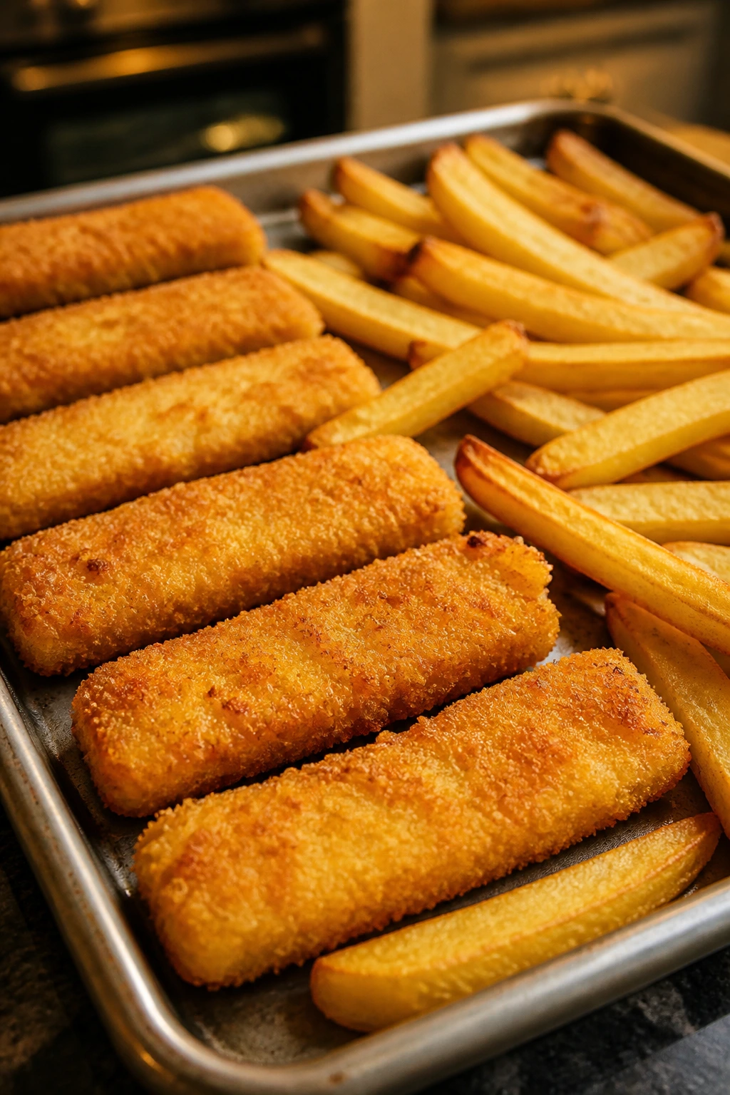 Sheet pan of oven-baked fish sticks and fries ready to serve