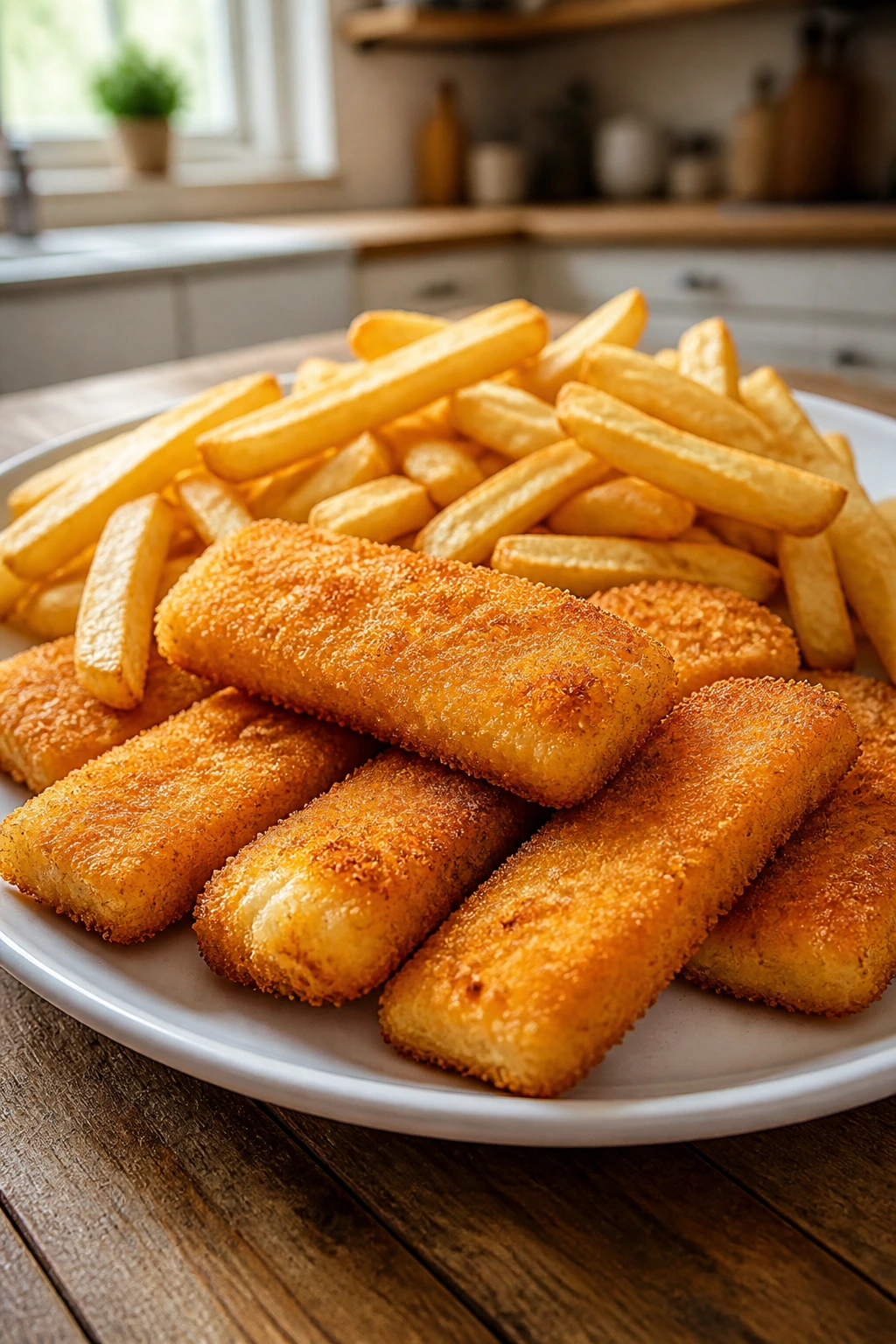 Plate of oven-baked fish sticks and fries on a kitchen table