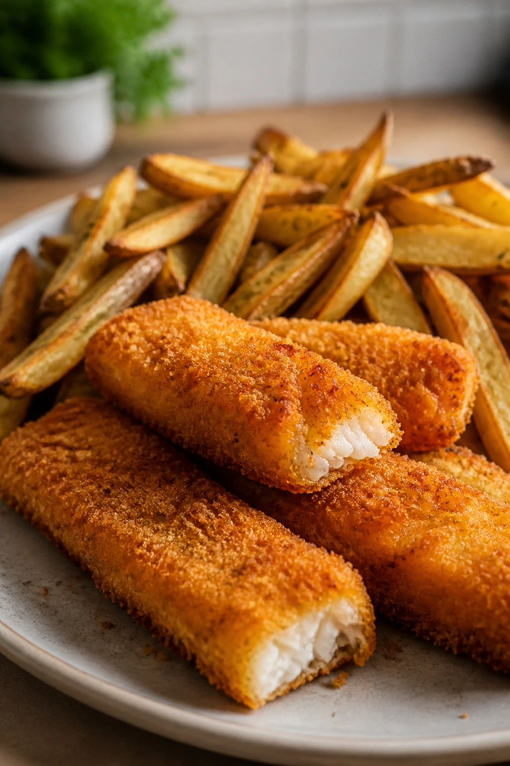 Close-up of baked fish sticks with roasted fries on a plate