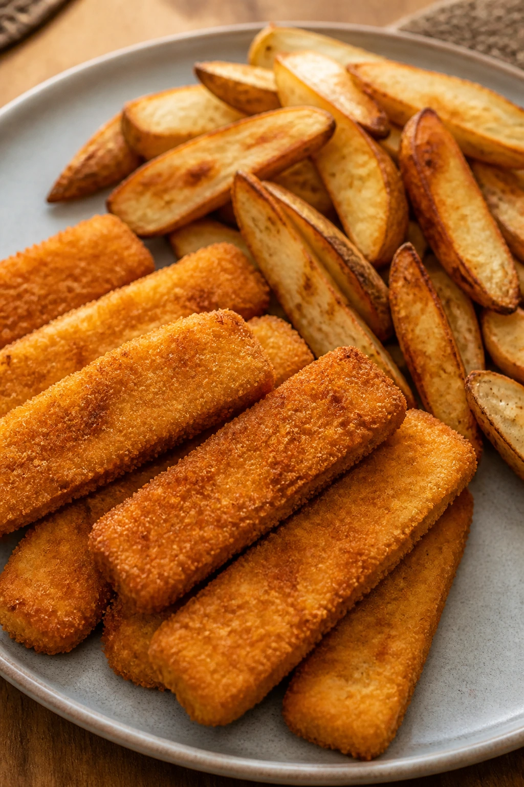 Close-up of crispy fish sticks and oven fries on a plate in a cozy kitchen