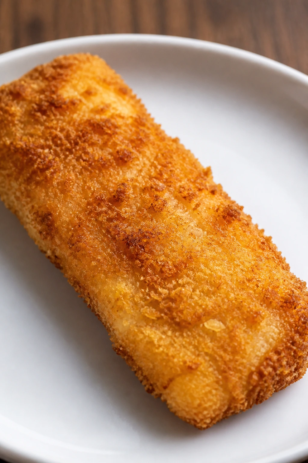 Close-up of a crispy homemade fish stick on a plate.