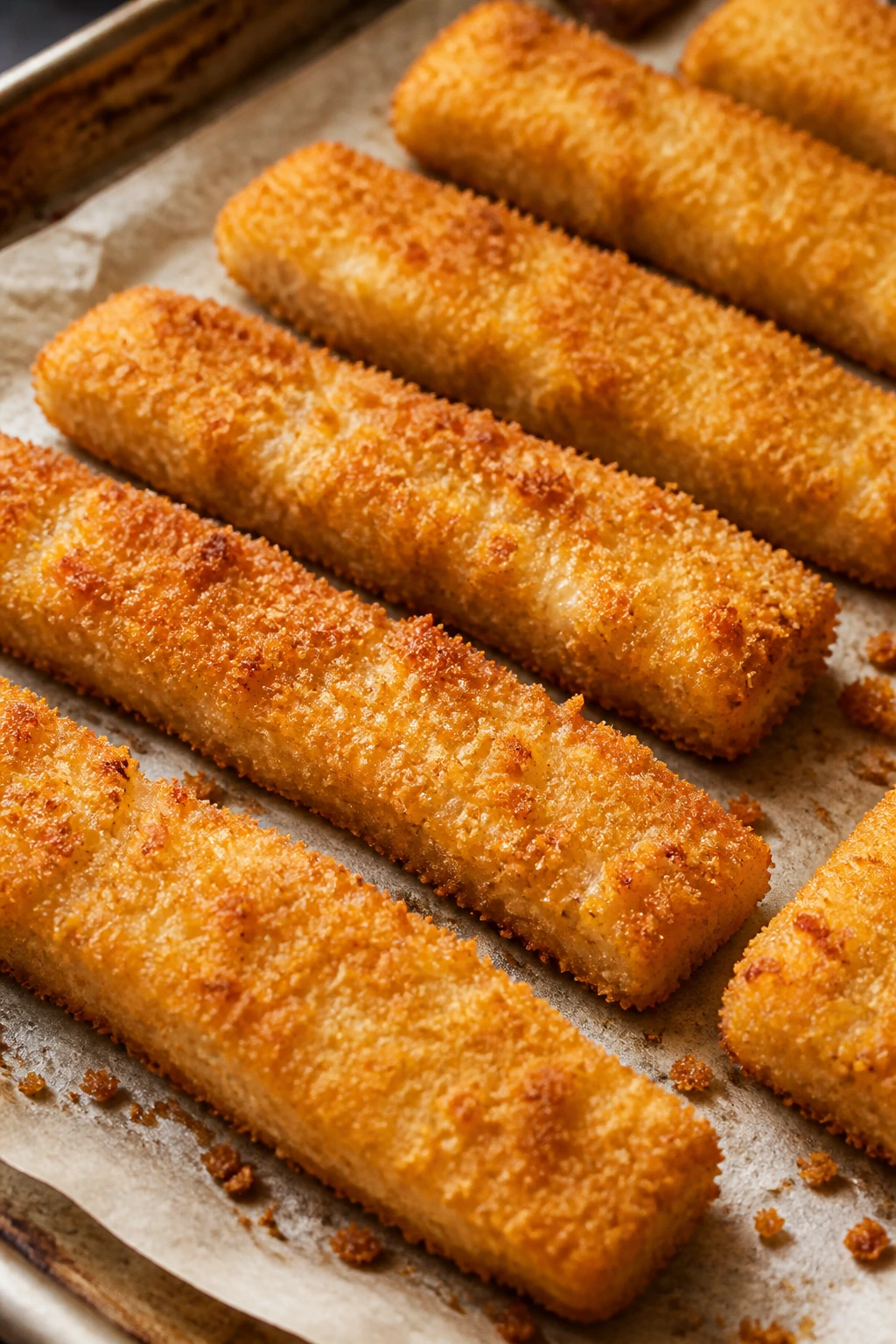 Close-up of golden oven-baked fish sticks on a parchment-lined sheet