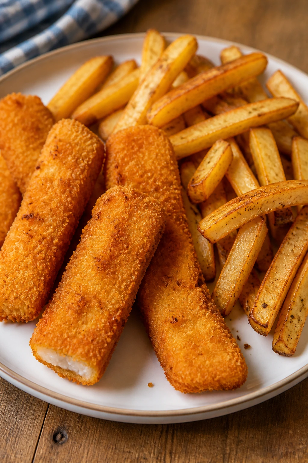 Plate of fish sticks and oven fries filling the frame