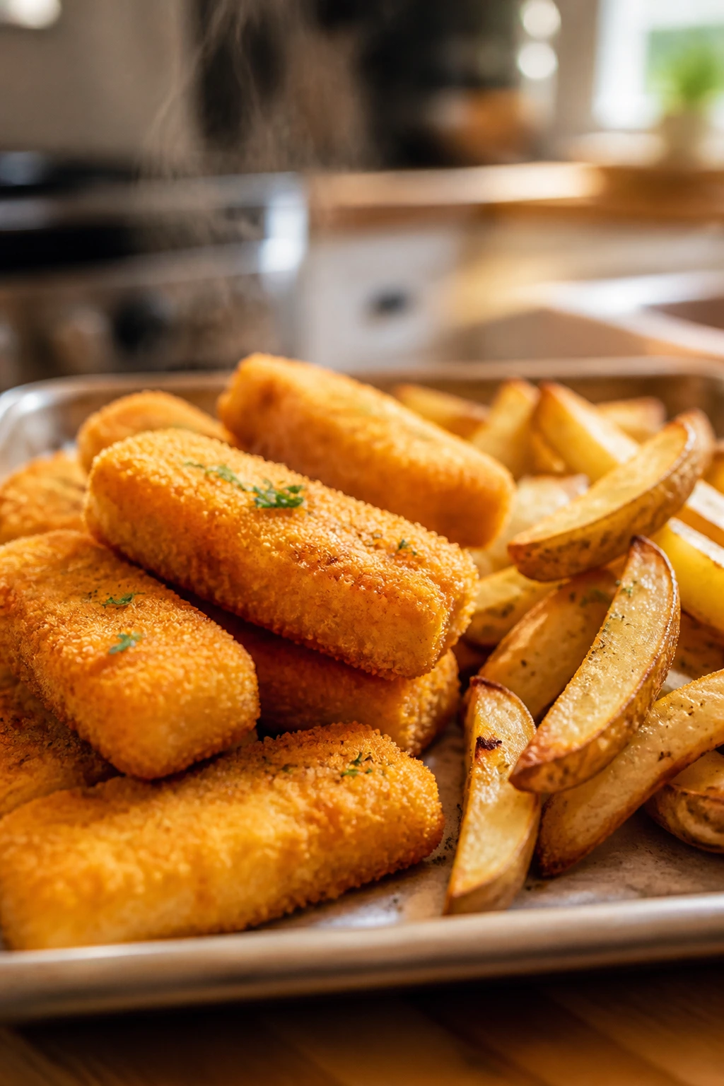 Crispy fish sticks and oven fries on a parchment-lined baking sheet in a warm kitchen