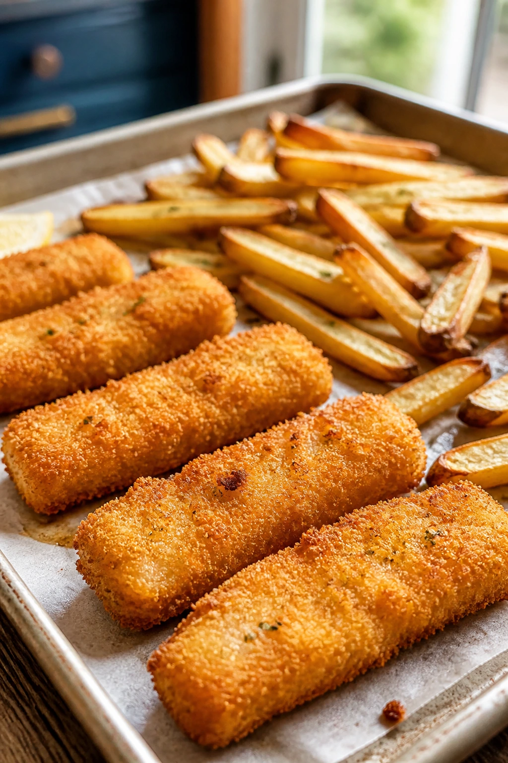 Close-up of crispy fish sticks and oven fries on a baking sheet in a home kitchen