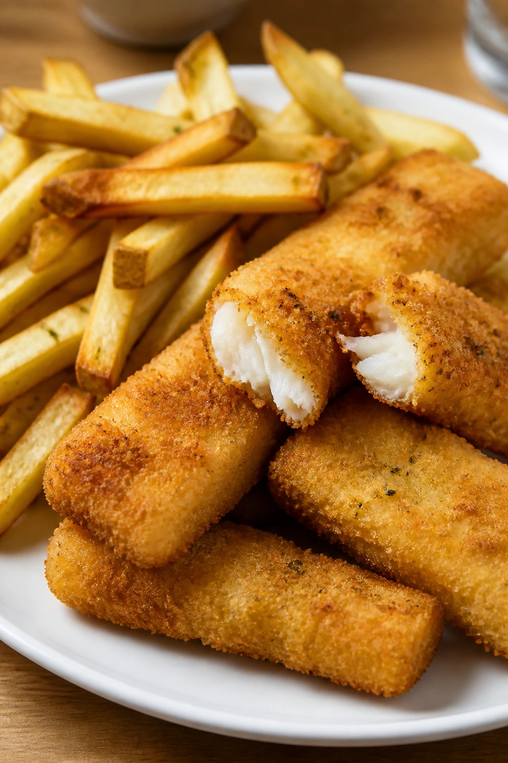 Crispy baked fish sticks and fries on a plate