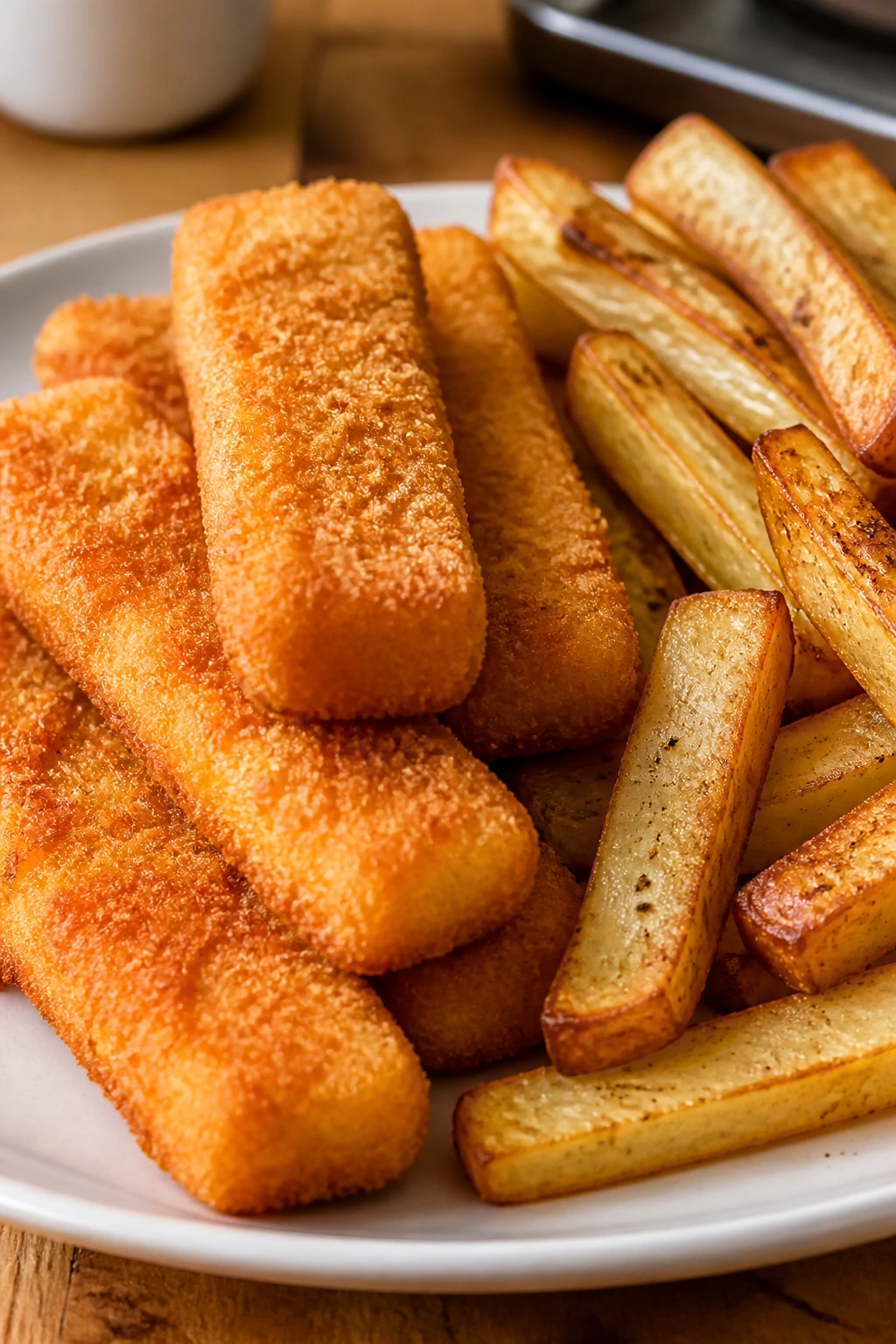 Crispy fish sticks and oven fries on a plate in a warm kitchen