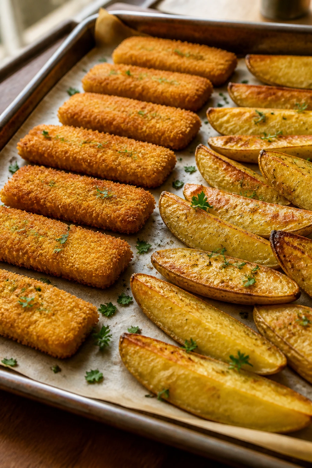 Crispy oven-baked fish sticks and potato wedges on a sheet pan