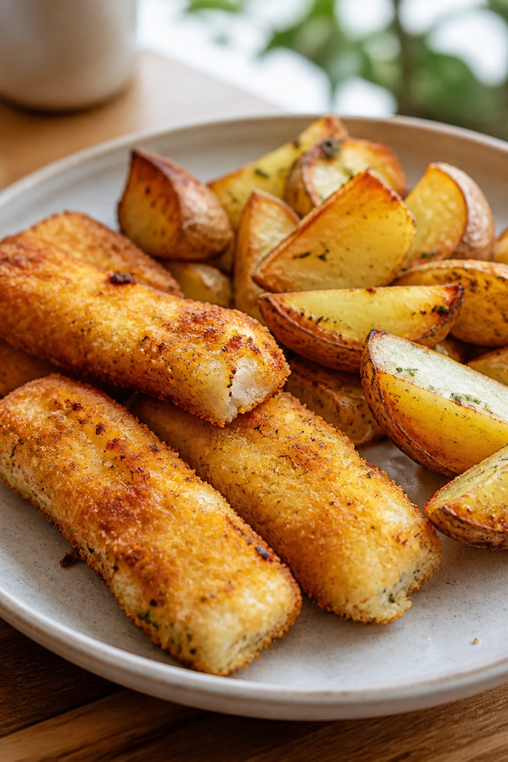 Close-up plate of fish sticks and roasted potatoes