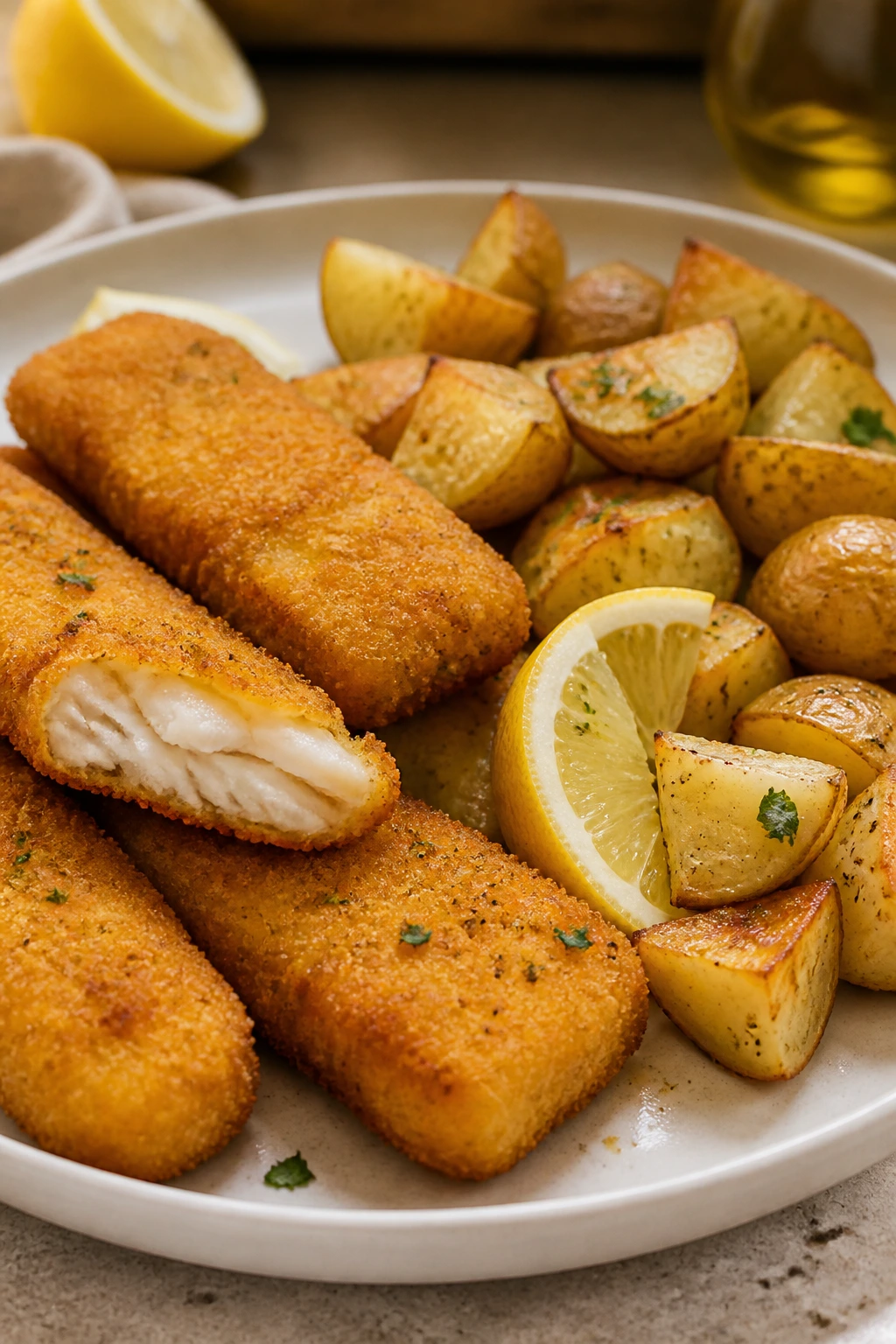 Close-up of crispy fish sticks and lemon roasted potatoes on a plate