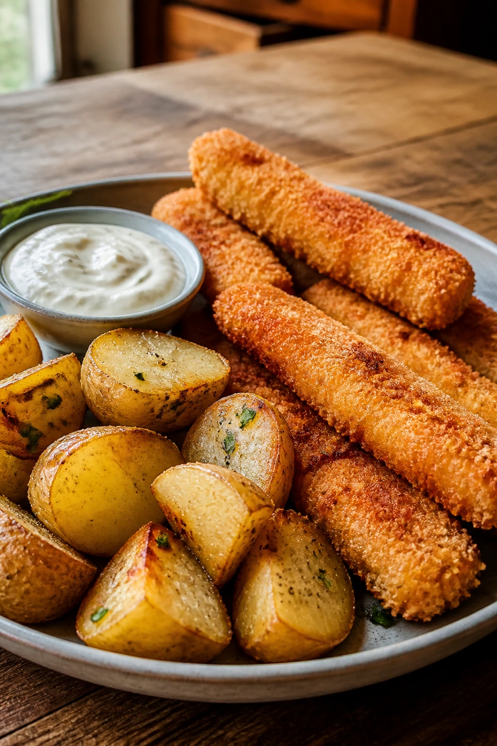 Crispy fish sticks with roasted potatoes on a plate