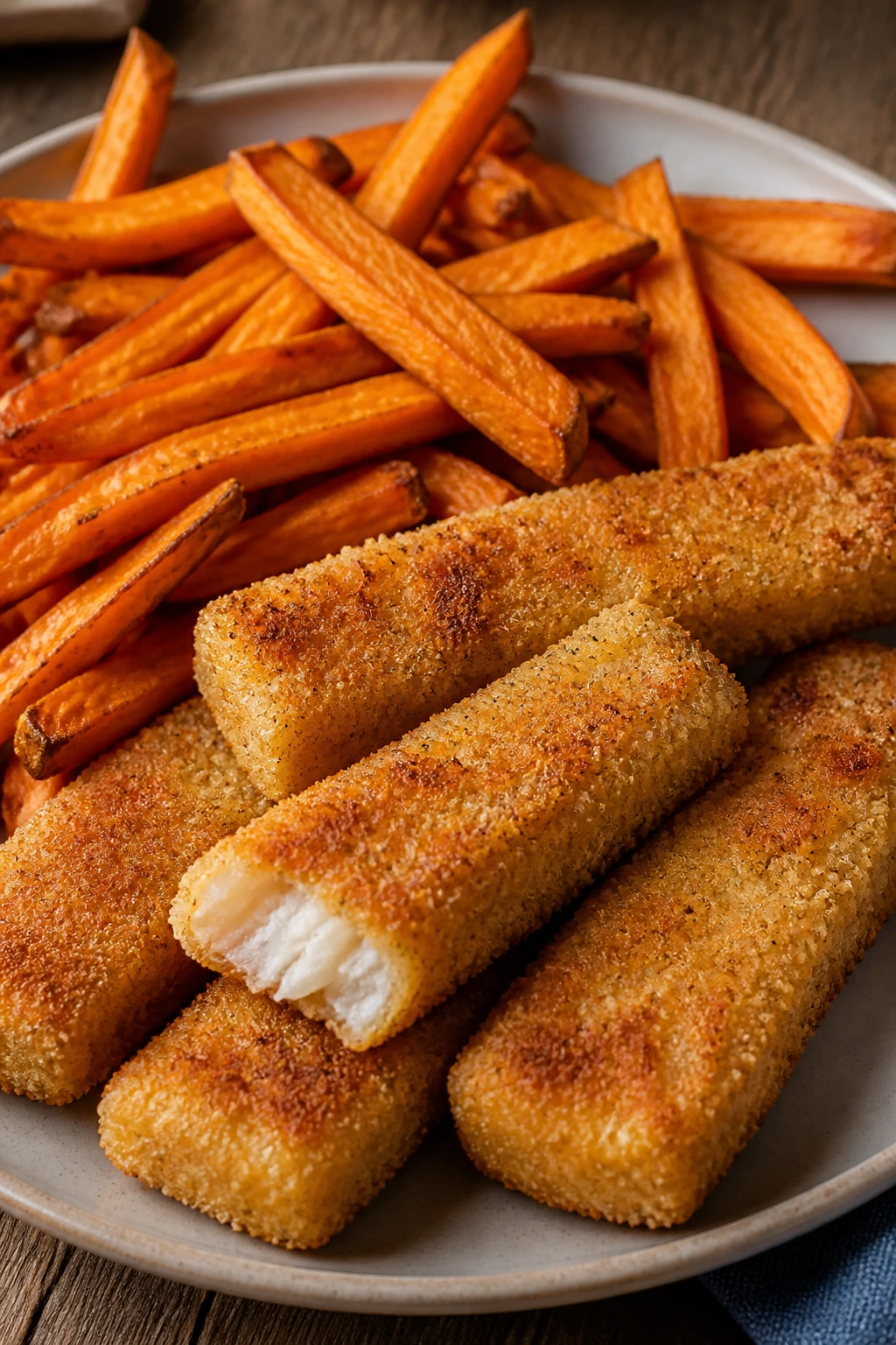 Plate of crispy fish sticks with sweet potato fries