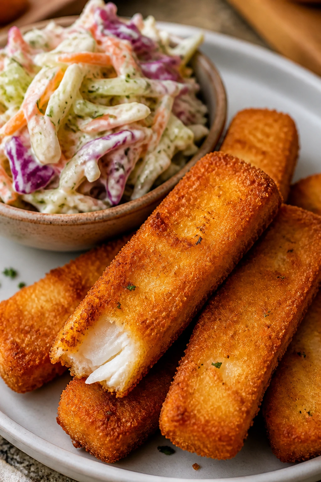 Plate of crispy fish sticks with tartar slaw