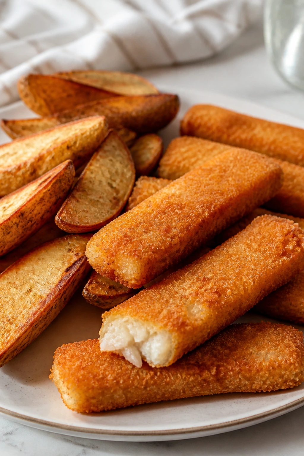Close-up of fish sticks and potato wedges on a plate