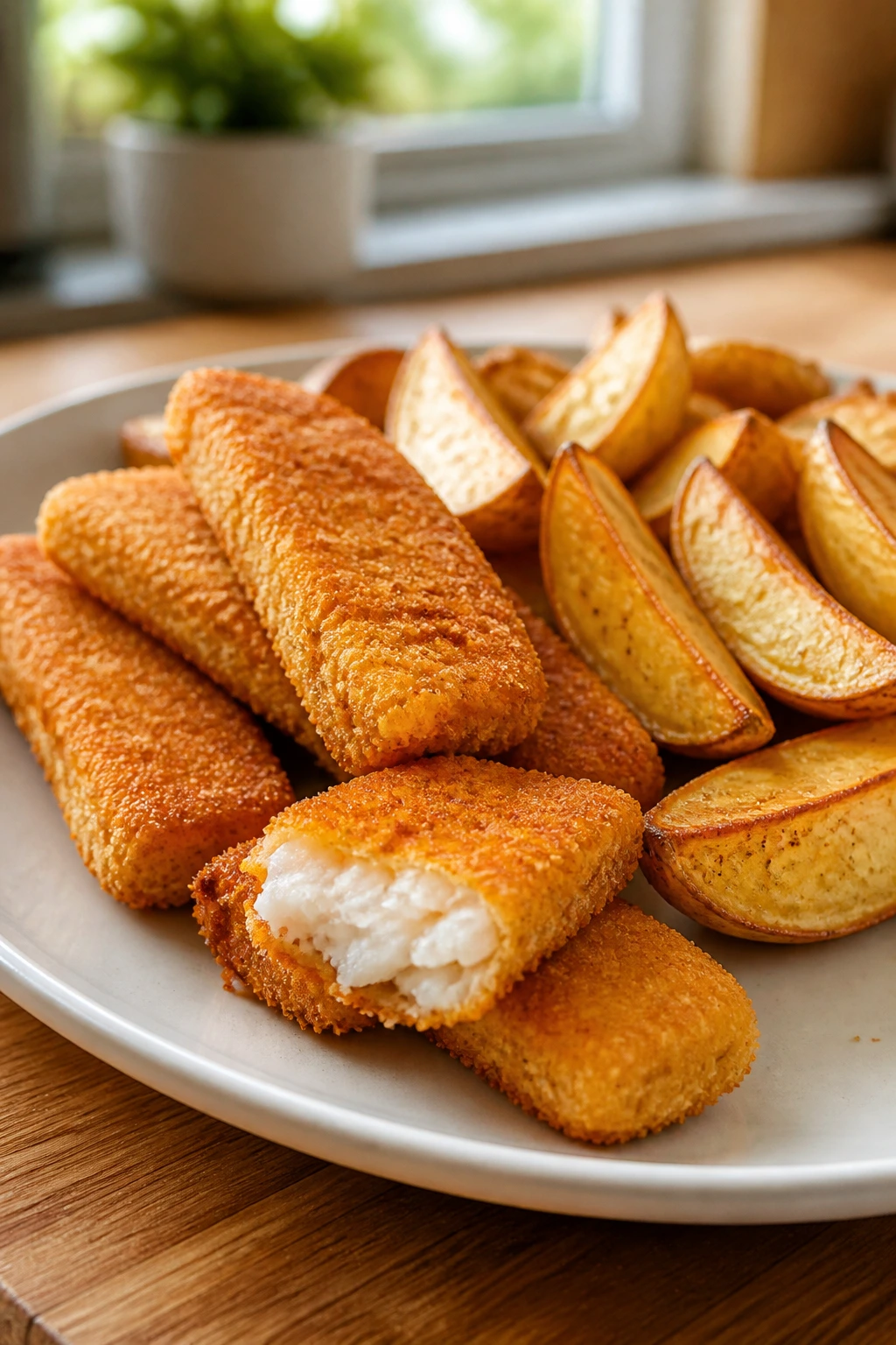 Golden oven-baked fish sticks with crispy potato wedges on a plate