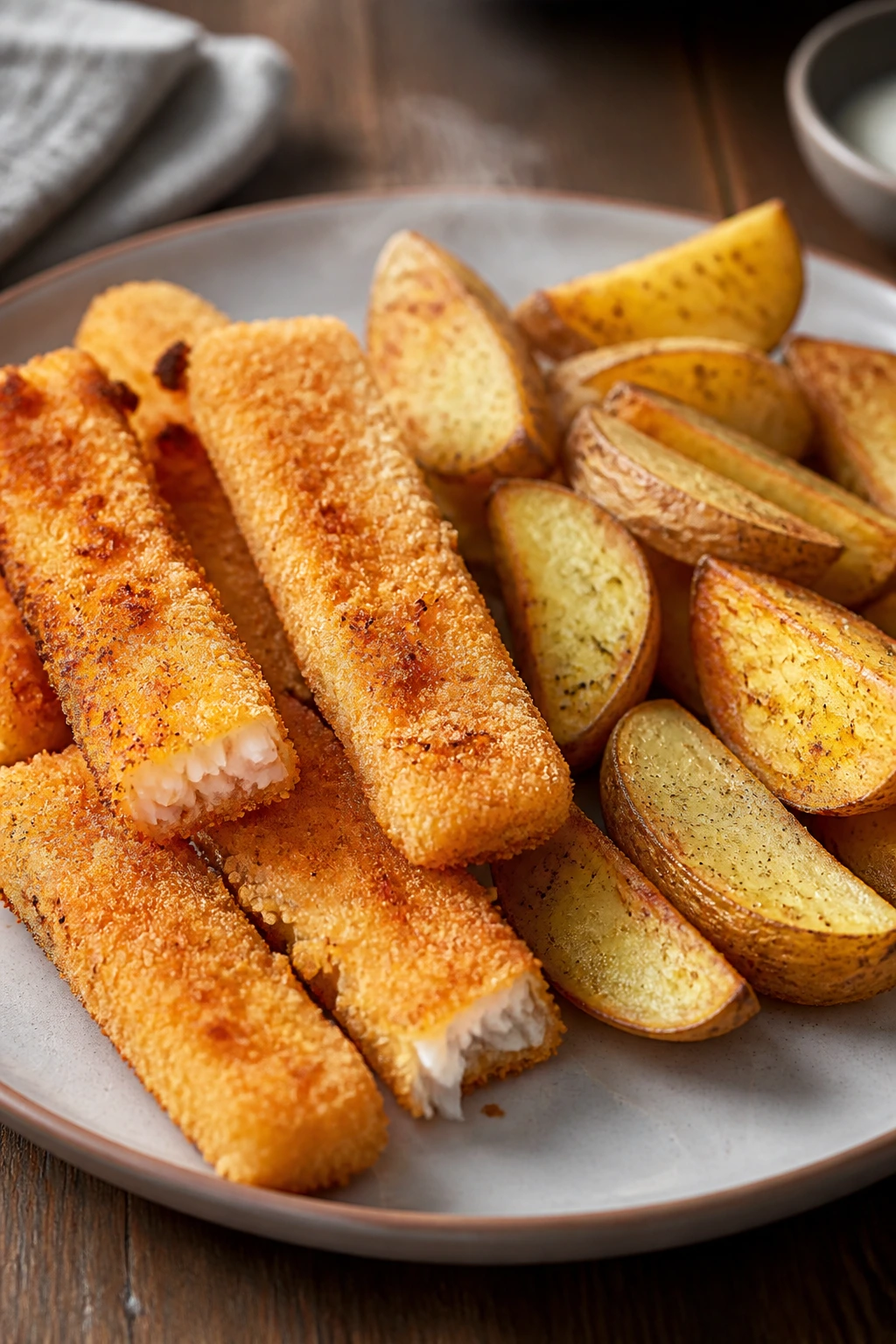 Close-up of crispy fish sticks with potato wedges on a plate
