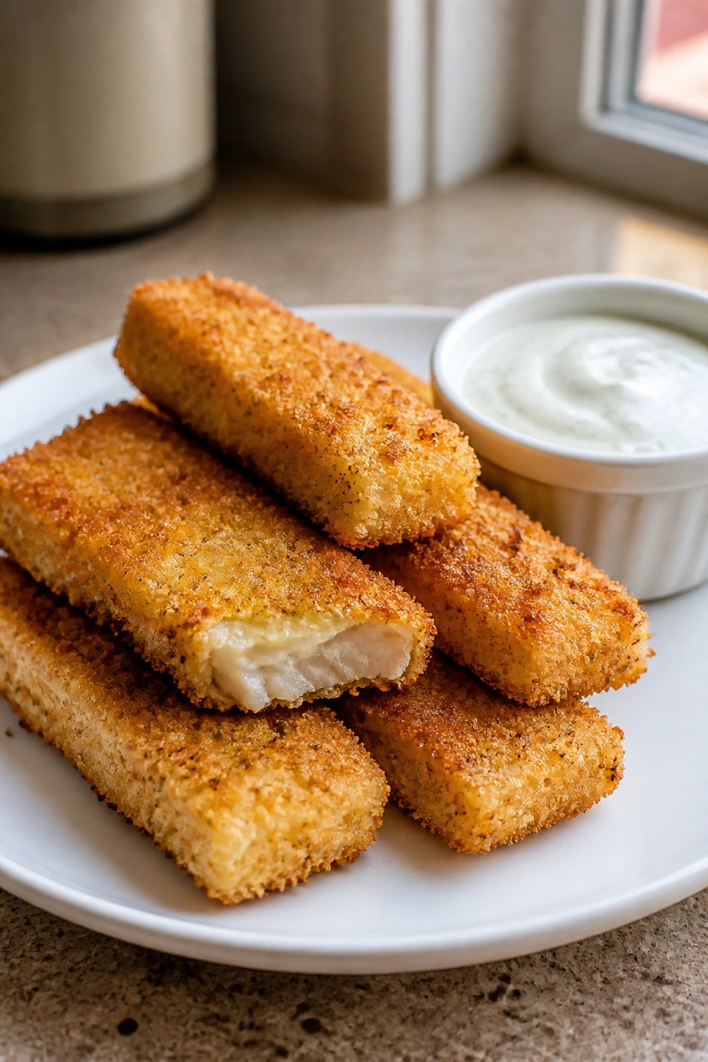 Close-up of crispy baked fish sticks with a yogurt dip