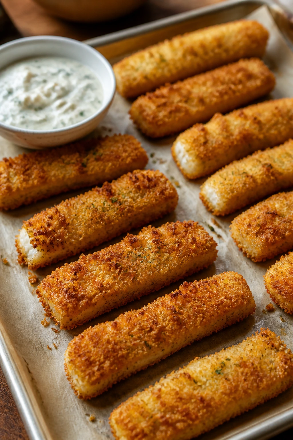 Close-up of crispy oven-baked fish sticks