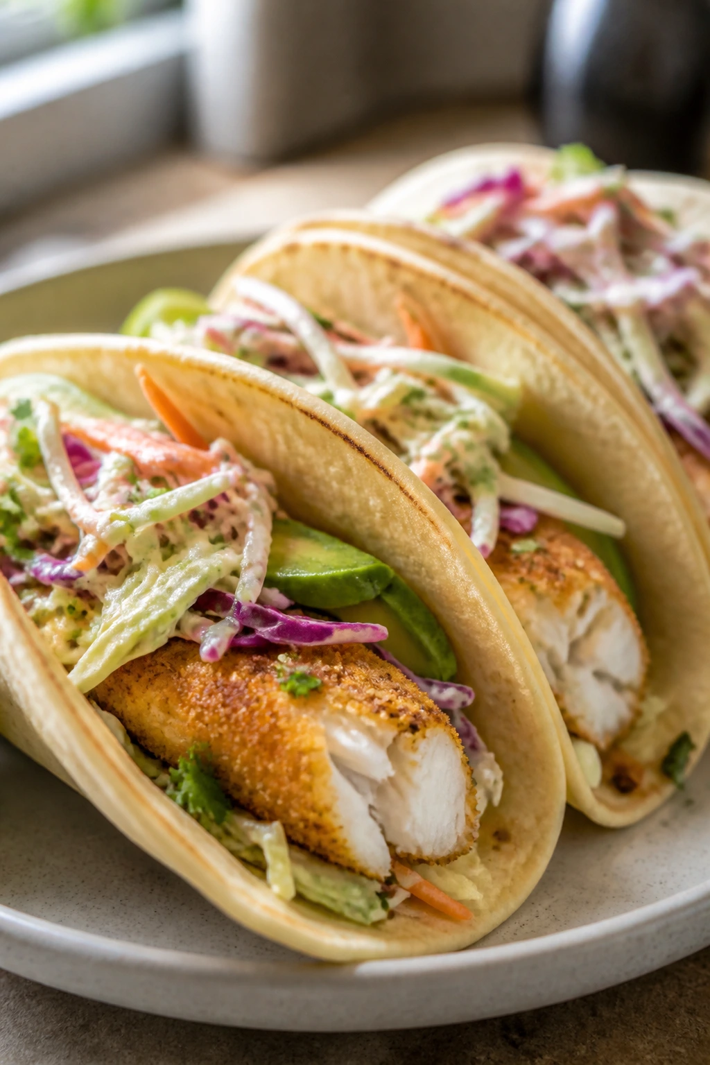 Close-up of baked fish tacos with flaky fish and fresh slaw.