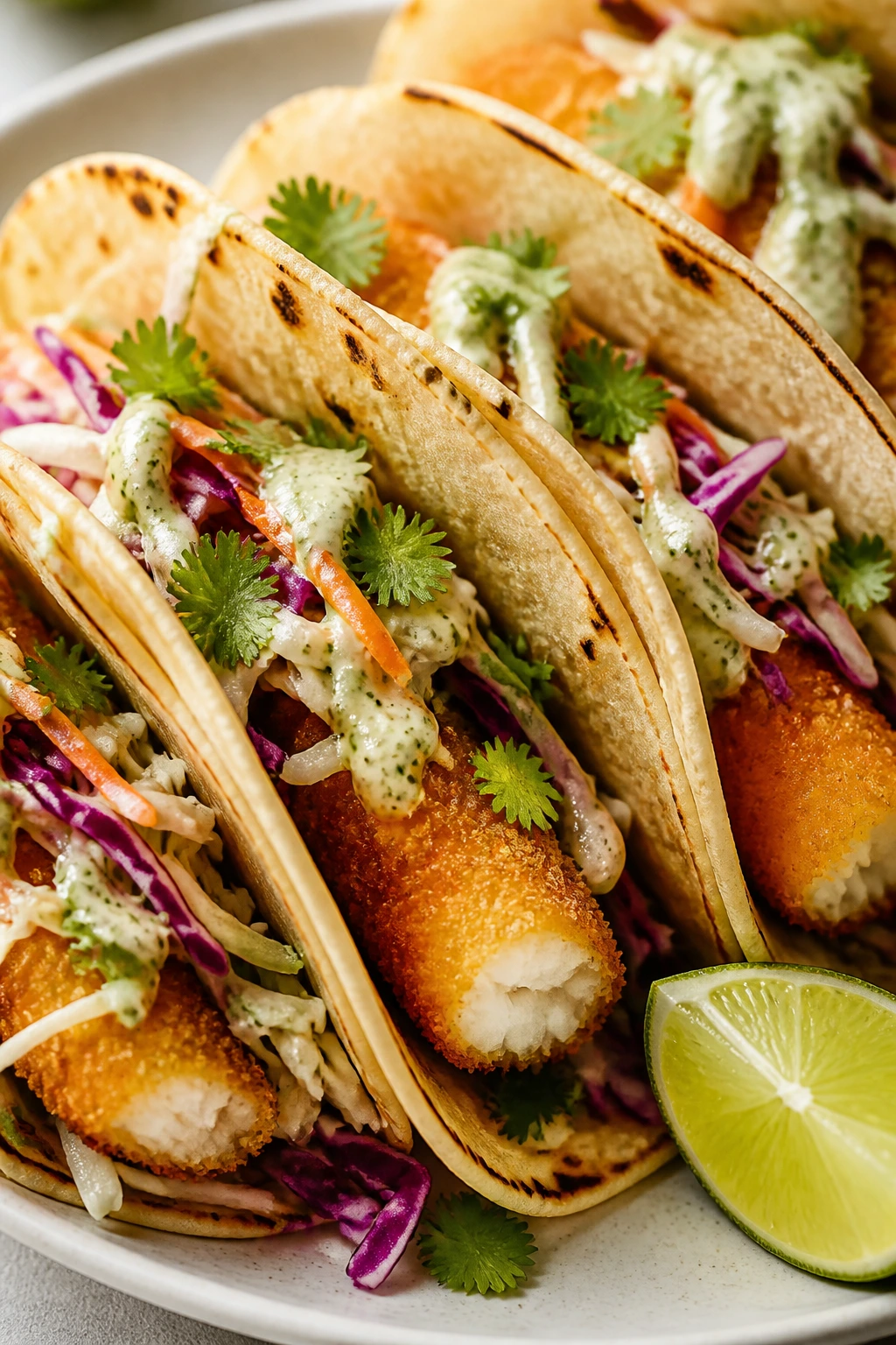 Crispy fish stick tacos with slaw and lime on a plate