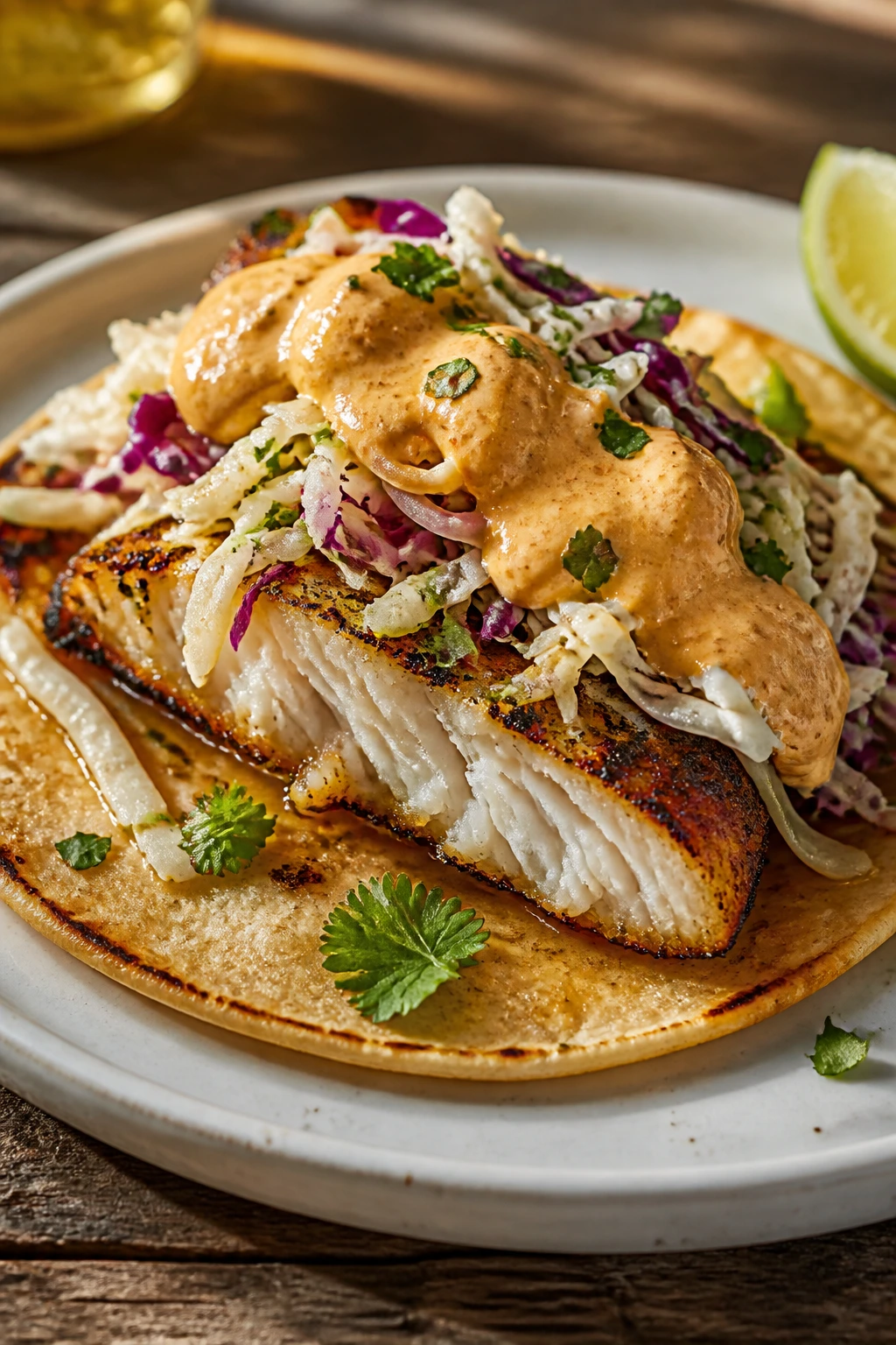 Grilled fish taco with chipotle crema on plate