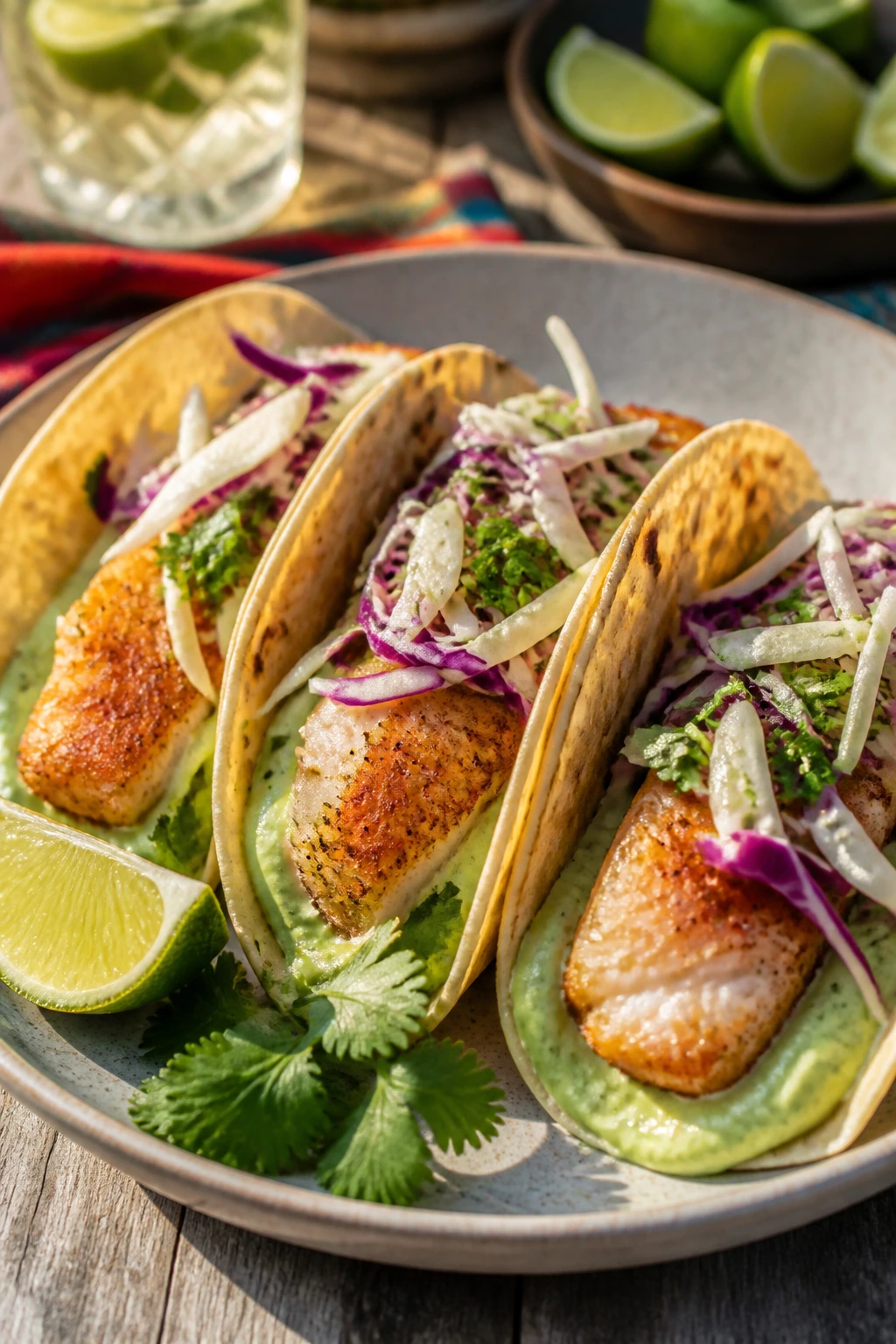 Close-up of fish tacos with avocado crema and crunchy cabbage on a sunny outdoor table