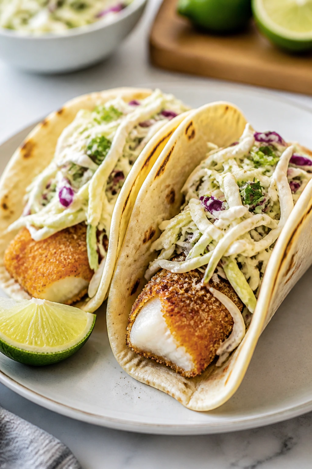 Two crispy baked fish tacos on plate with slaw and lime