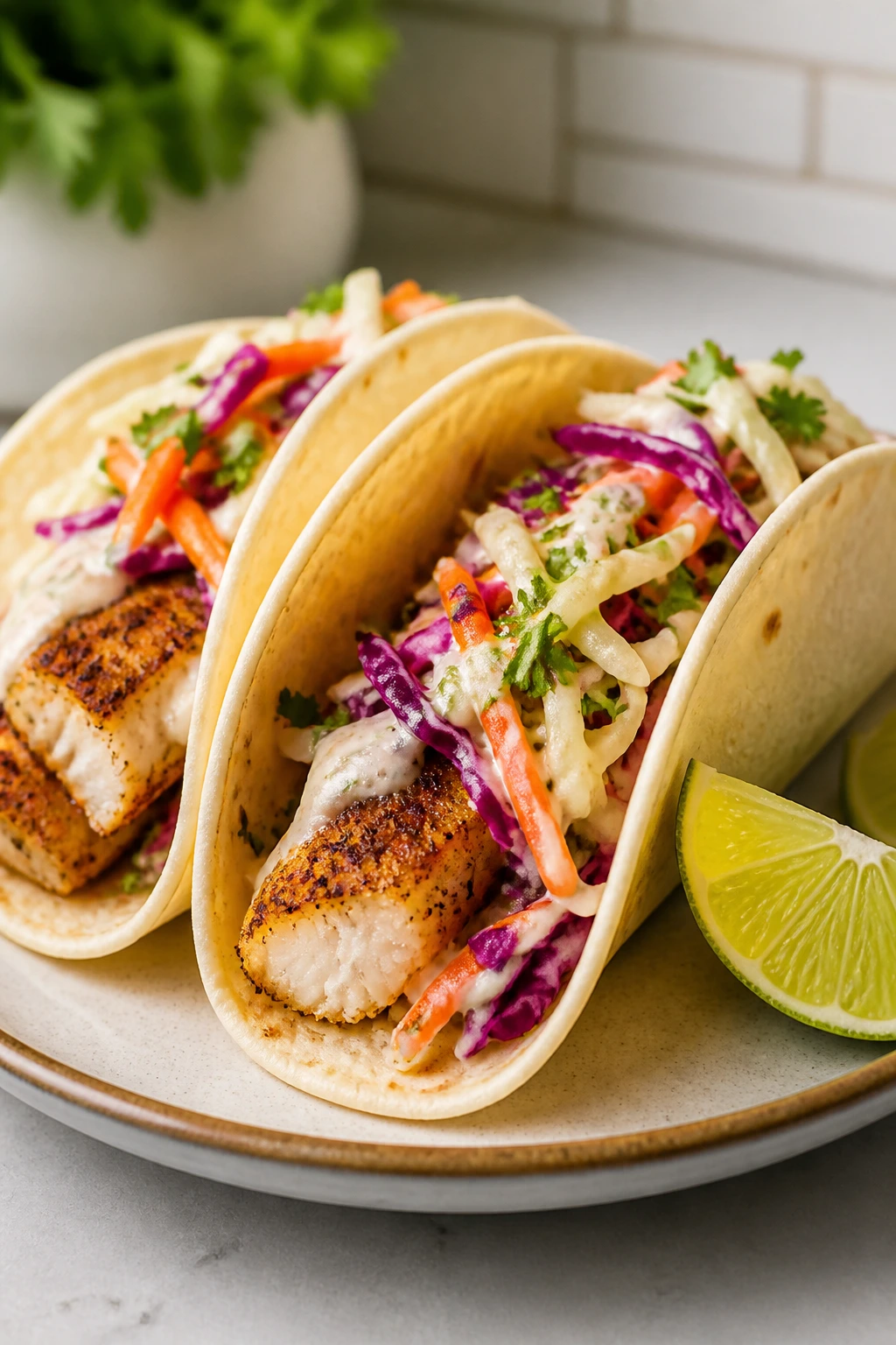 Two fish tacos with slaw and lime on a plate in a bright kitchen