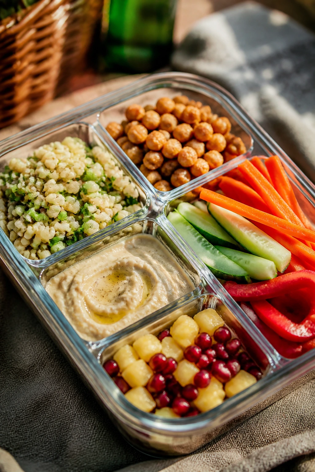 Close-up of a segmented container with five food blocks for a picnic