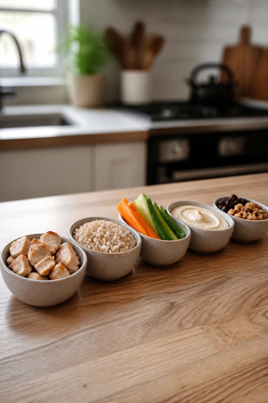 Row of five prep bowls with different food components for kid lunches.