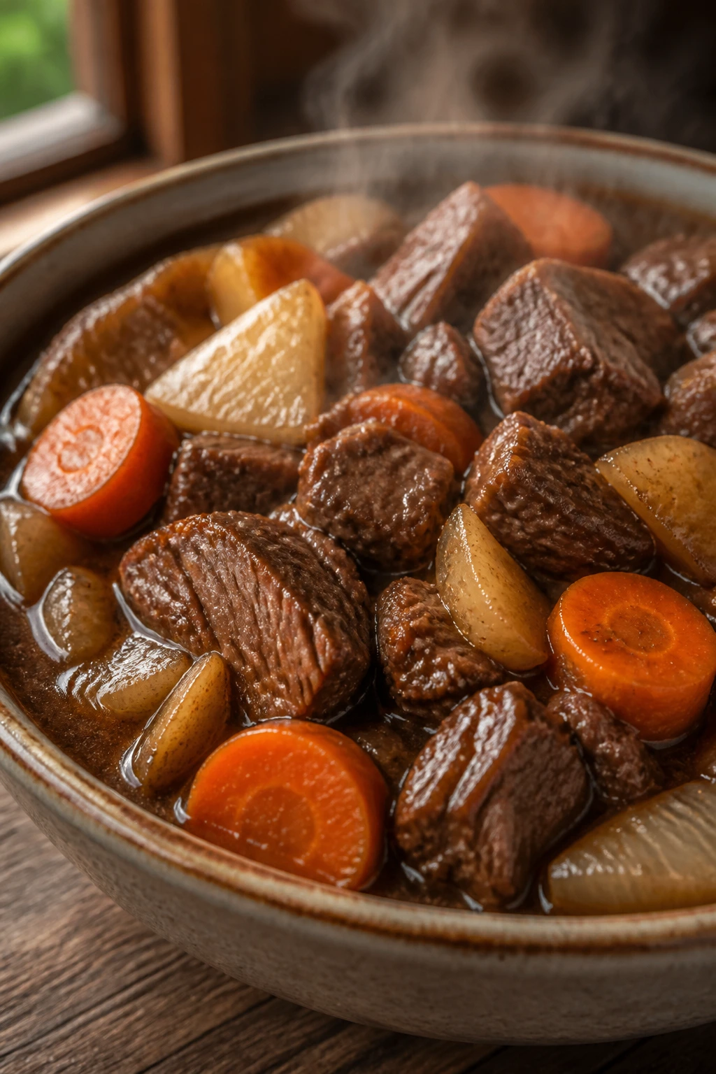 Close-up of braised Five-Spice Beef with Carrots and Daikon in a rustic bowl