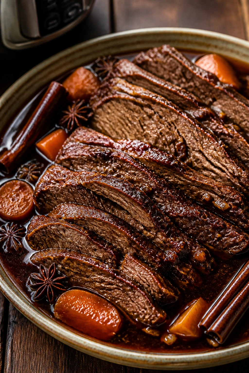 Close-up of five-spice beef brisket slices in braise on plate