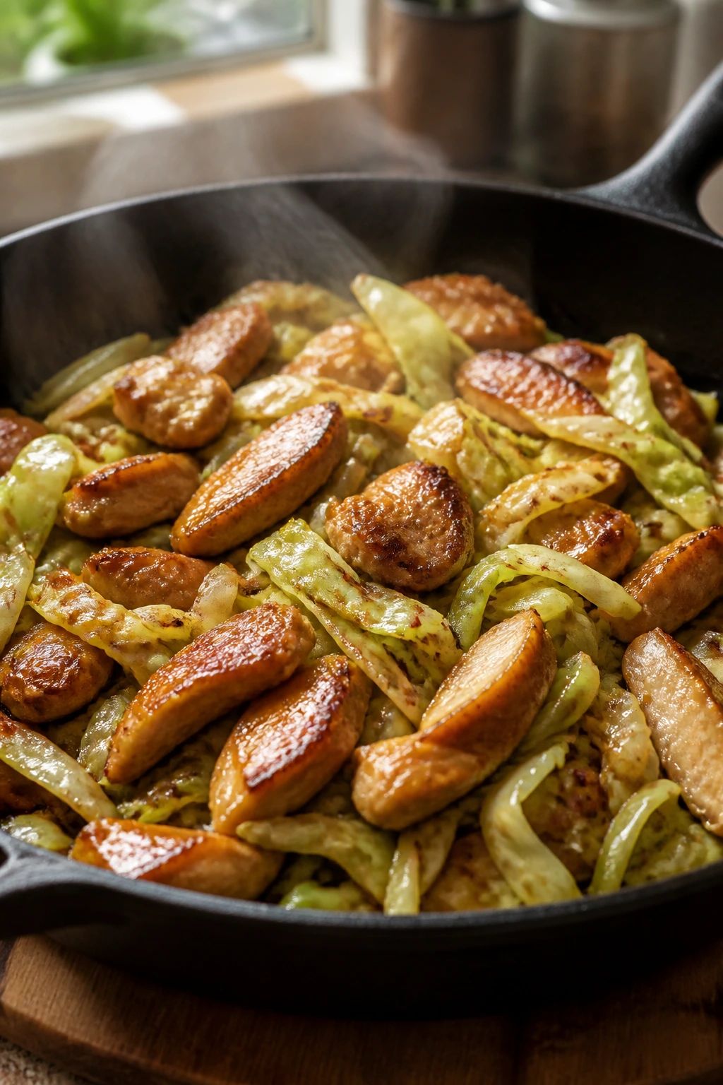 Close-up of Five-Spice Chicken and Cabbage in a skillet with steam