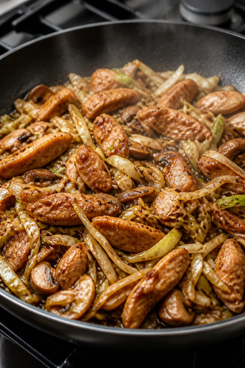 Five-spice chicken stir fry with cabbage and mushrooms in a skillet