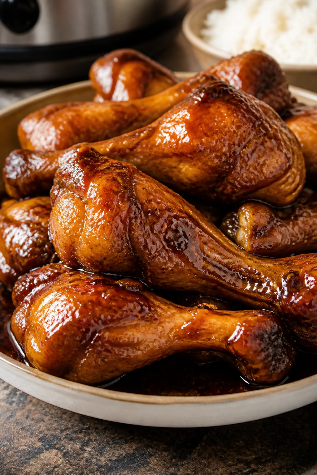 Close-up of glazed five-spice chicken drumsticks