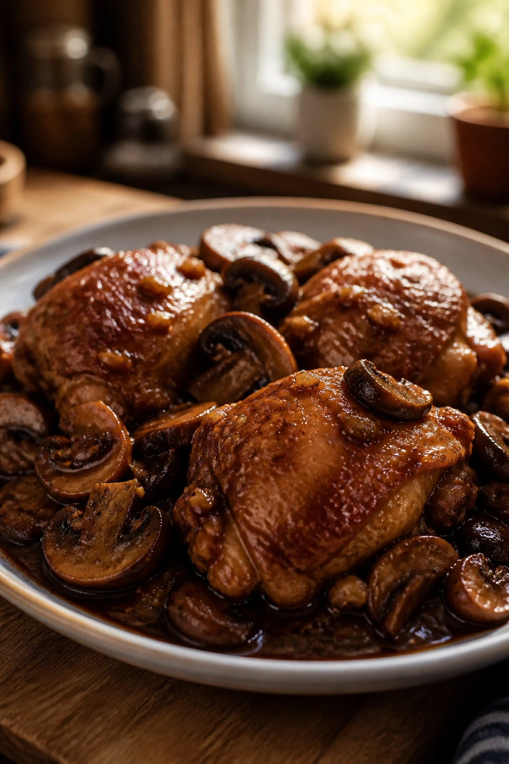 Five-spice braised chicken thighs with mushrooms in a glossy sauce