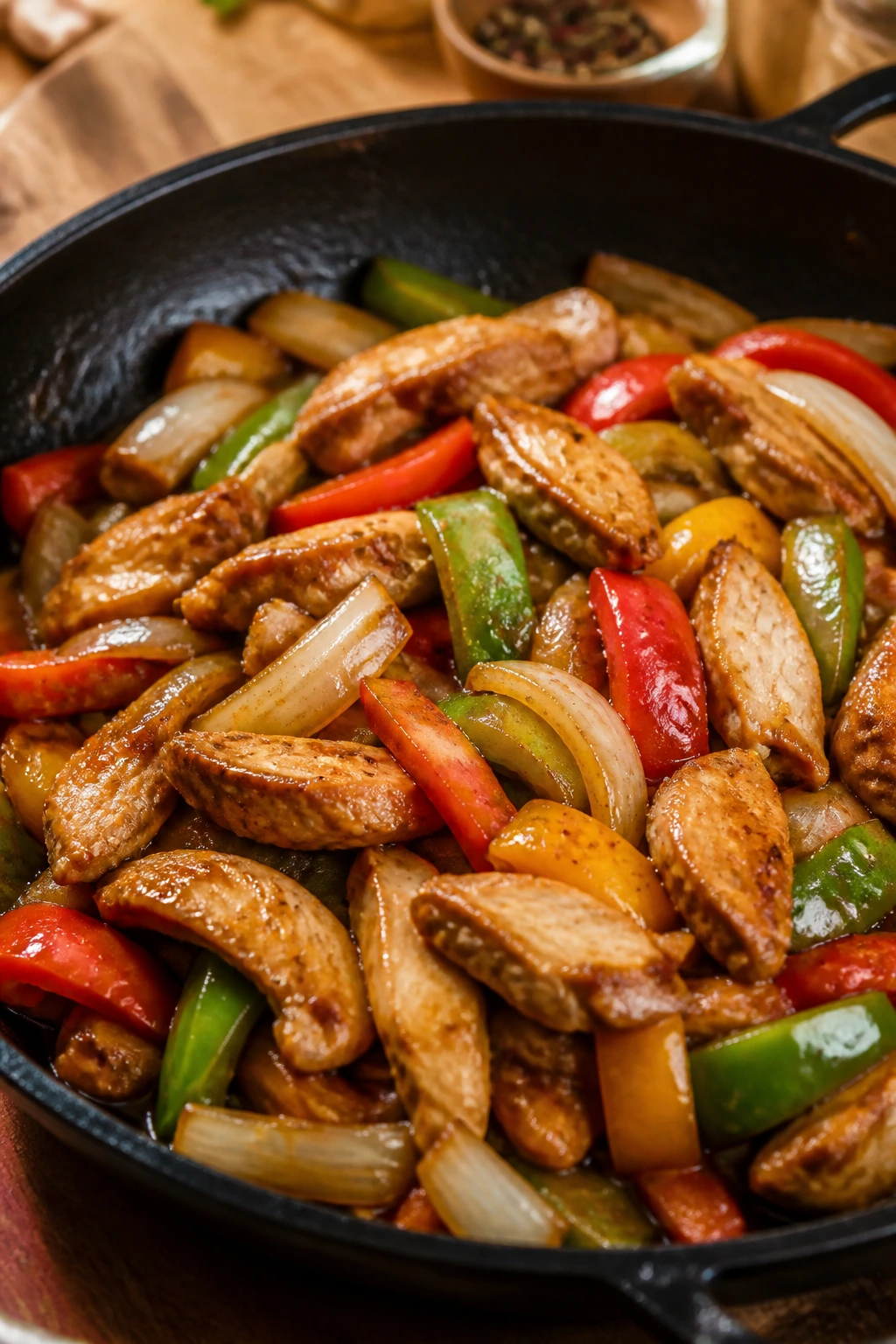 Five-spice chicken with onions and peppers in a glossy sauce