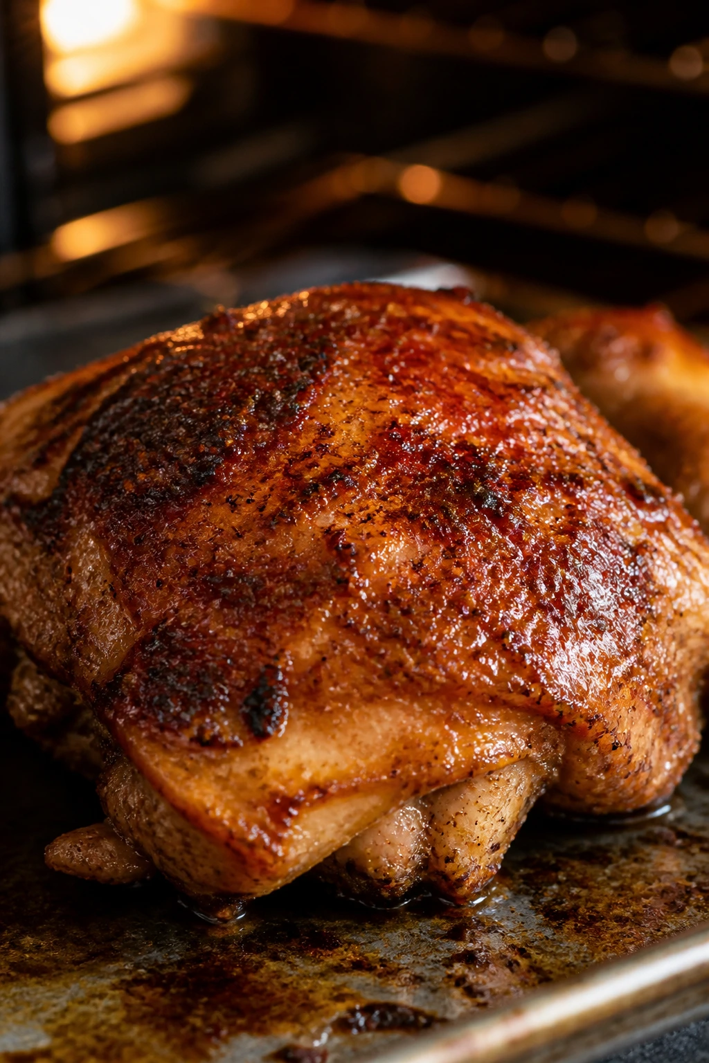 Bronzed five-spice roast chicken thigh with glossy skin