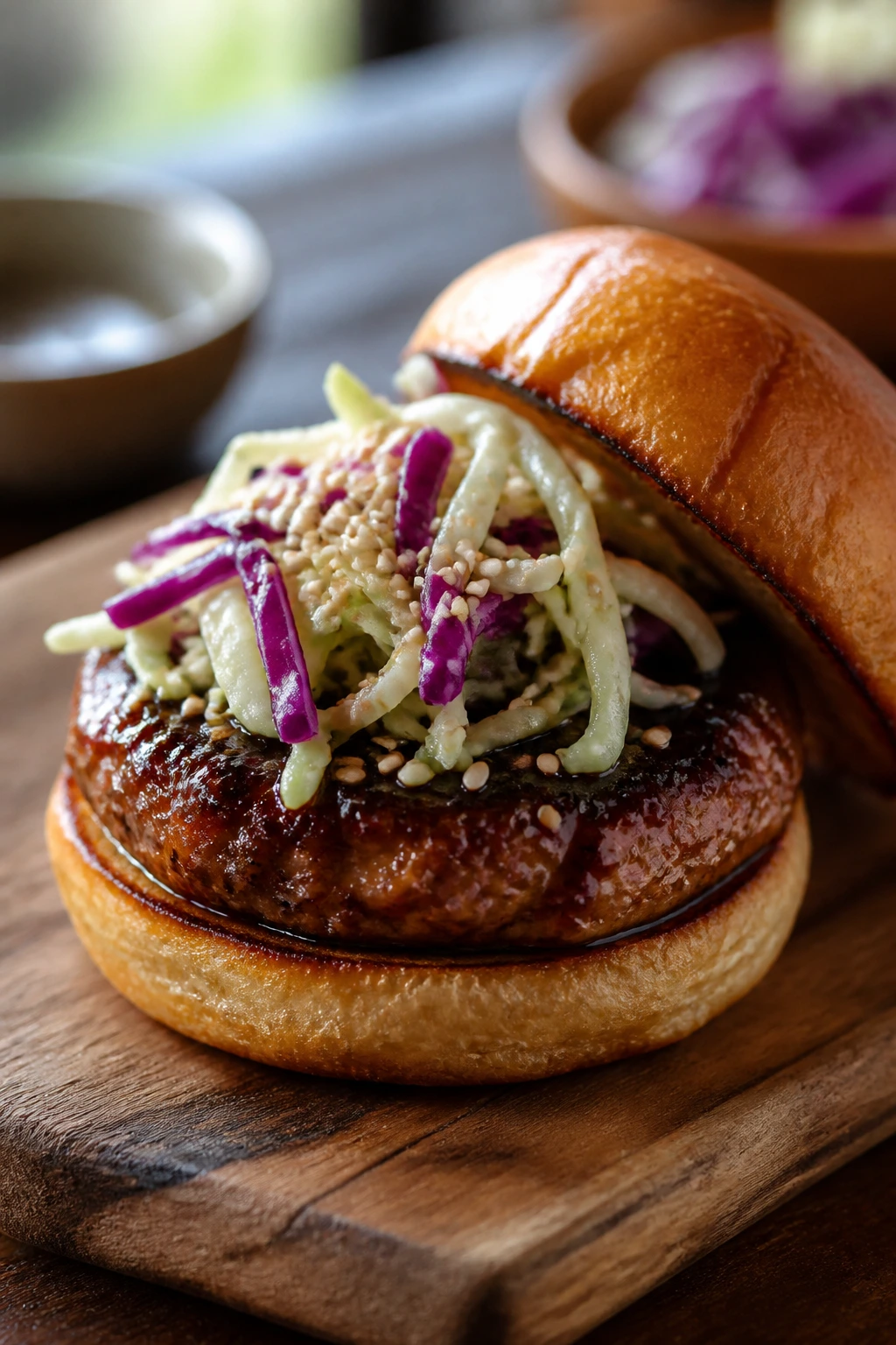 Close-up of Chinese Five-Spice chicken slider with sesame cabbage on wooden board