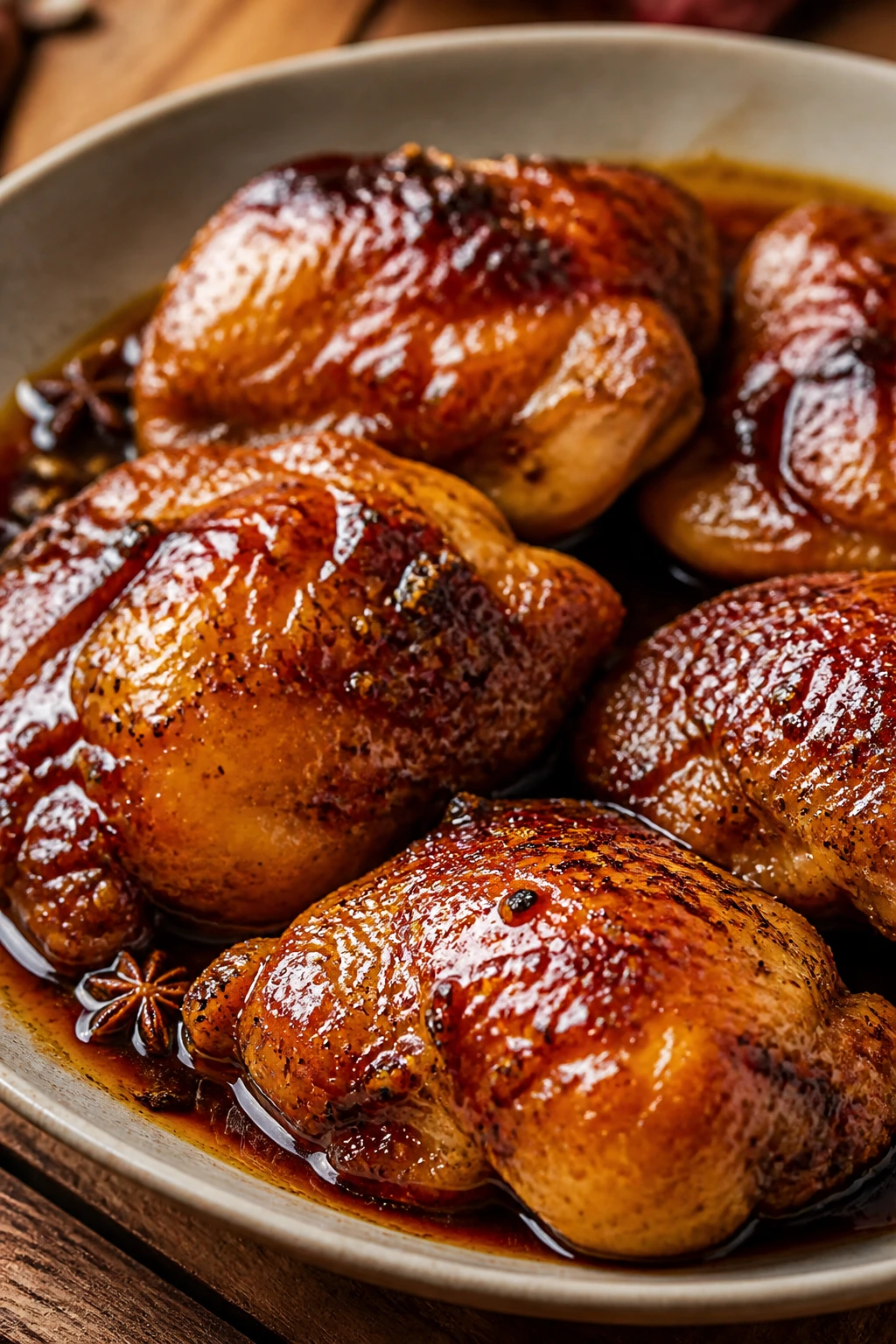 Close-up of glossy five-spice chicken thighs on plate