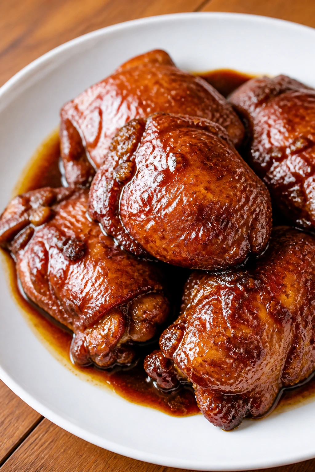 Close-up of five-spice braised chicken thighs glazed and plated