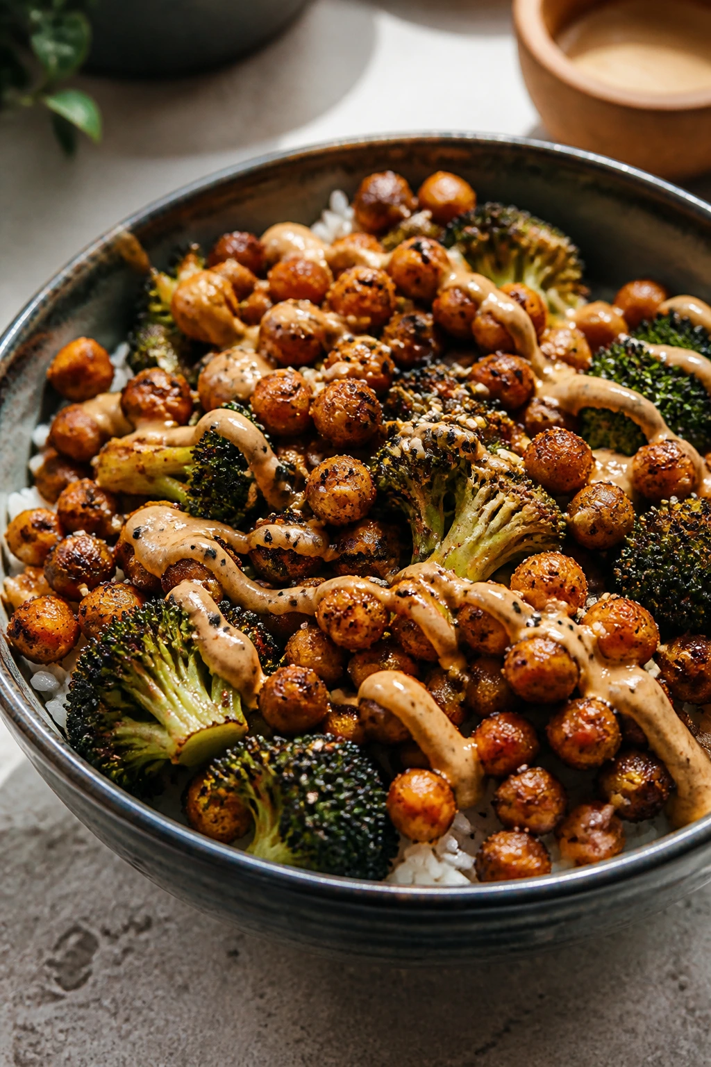 Close-up of Five-Spice Roasted Chickpeas and Broccoli Bowls with rice in a warm kitchen