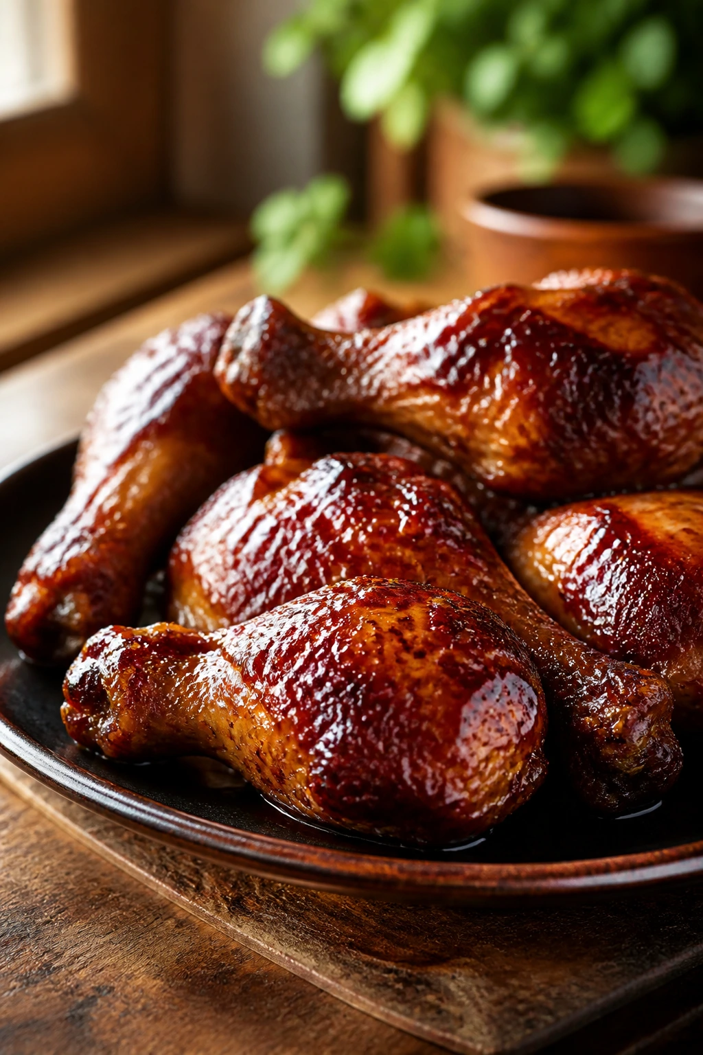 Close-up of glossy glazed Five-Spice Honey Chicken Drumsticks on a dark plate