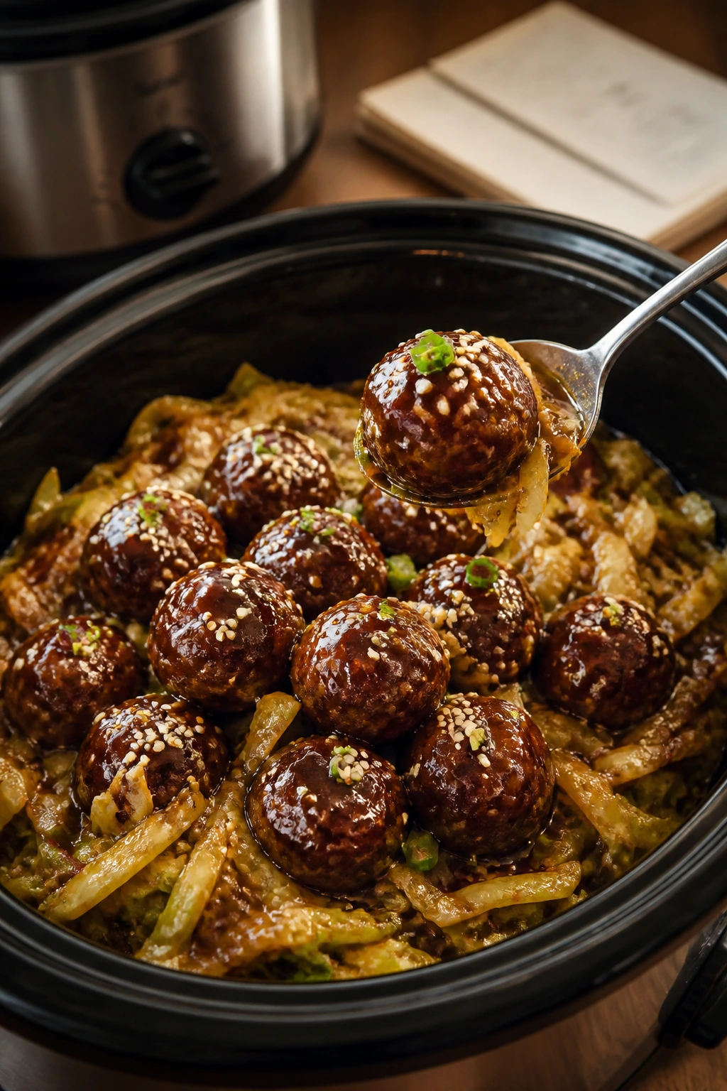 Close-up of sticky five-spice meatballs on cabbage with glossy sauce